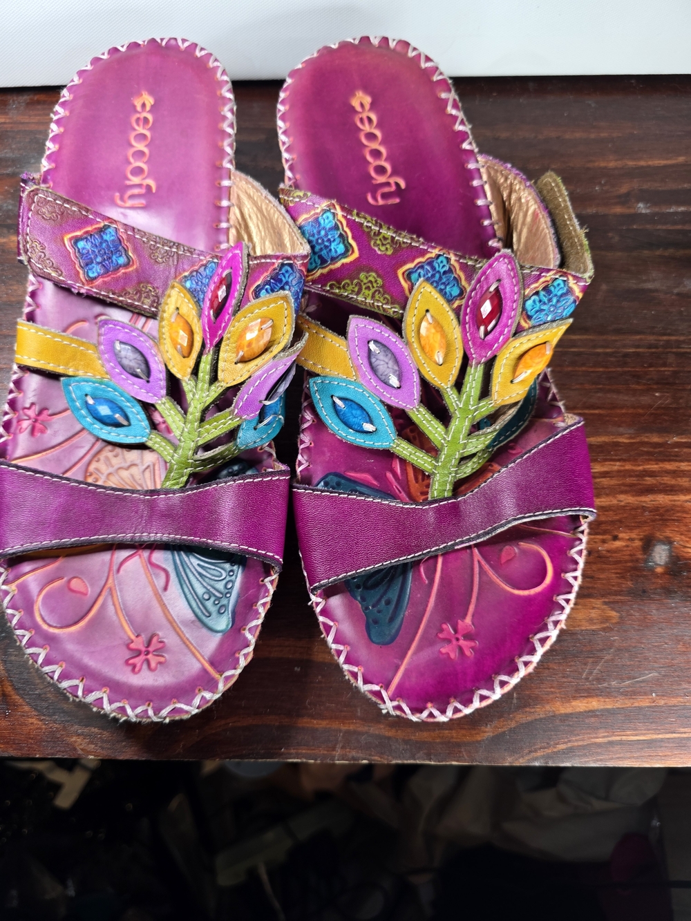 Boho Embroidered Purple Slide Sandals with Multicolor Leaf Appliqué